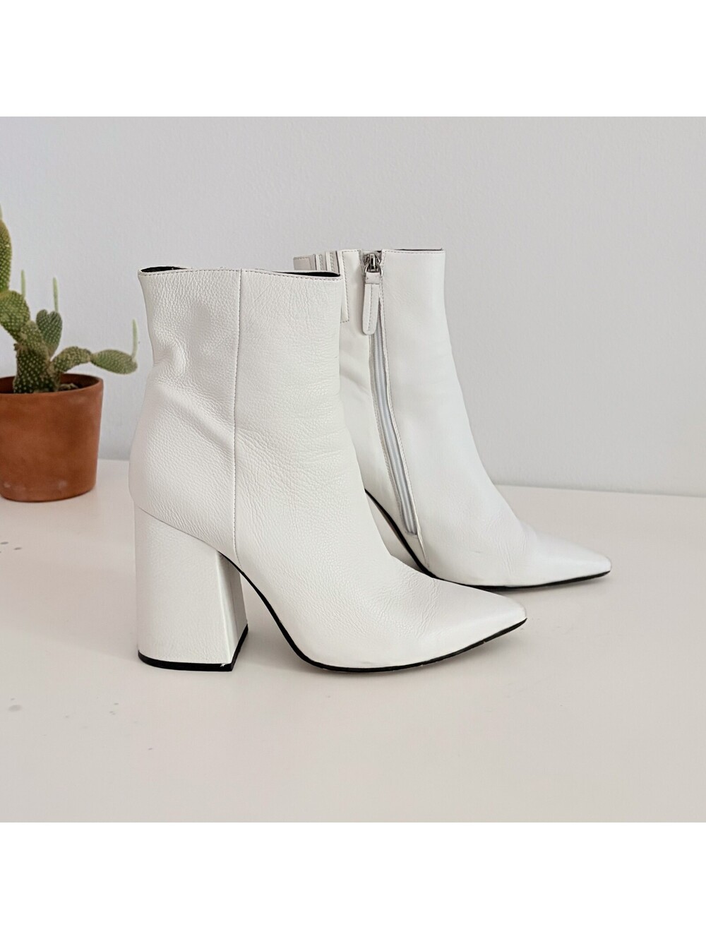 White Ankle Boots Western Pointed Toe Block Heel Side Zipper